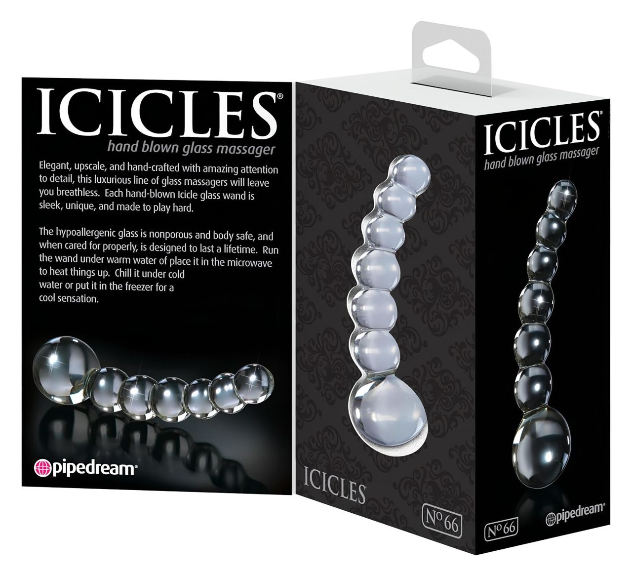 Icicles No. 66 - íves, gömbös, üveg dildó (áttetsző)