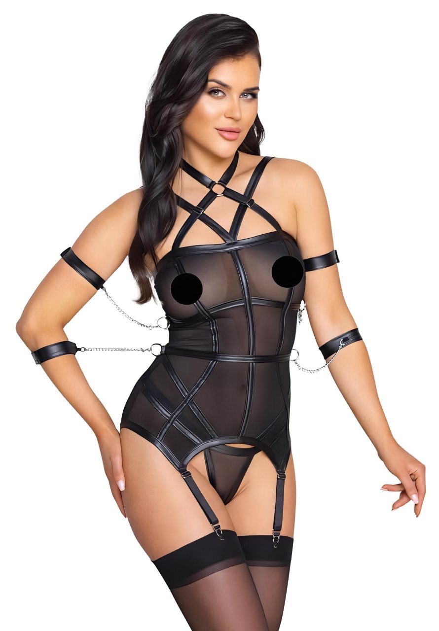 / Cottelli Bondage - pántos felső, kar bilincs és tanga (fekete) / Cottelli Bondage - pántos felső, kar bilincs és tanga (fekete)