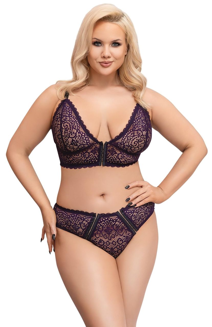 Cottelli Plus Size - áttetsző mintás melltartó szett (lila)