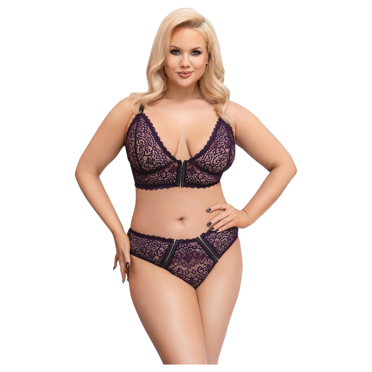/ Cottelli Plus Size - áttetsző mintás melltartó szett (lila)