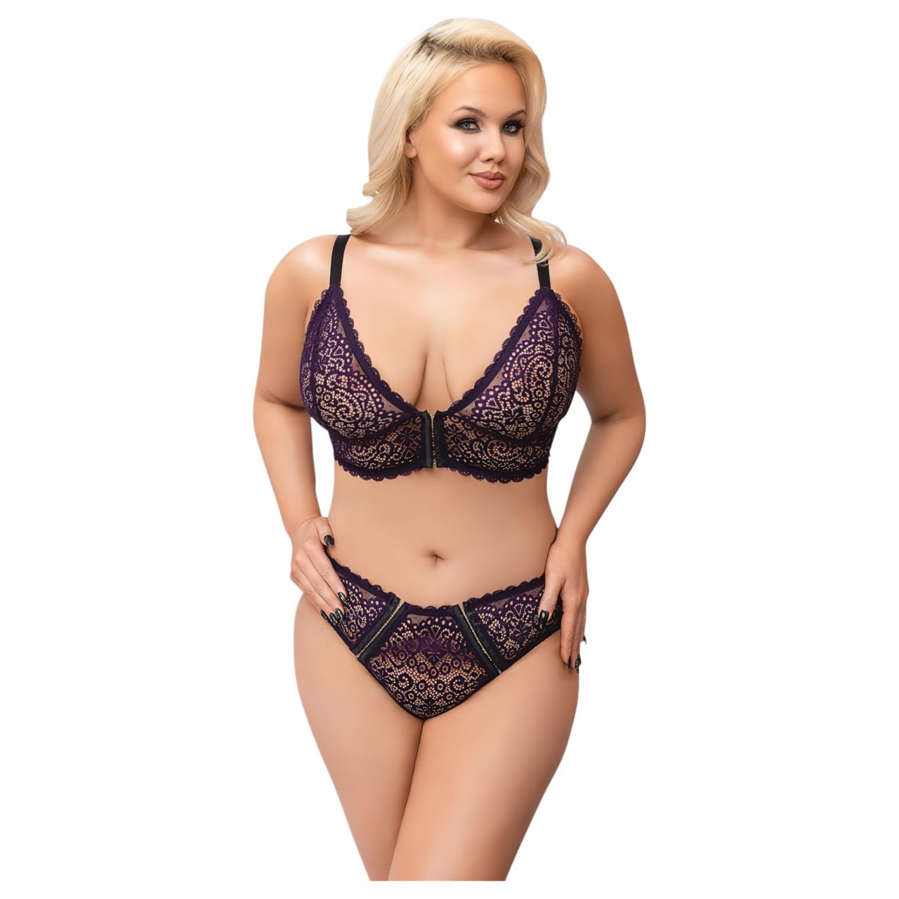 / Cottelli Plus Size - áttetsző mintás melltartó szett (lila)