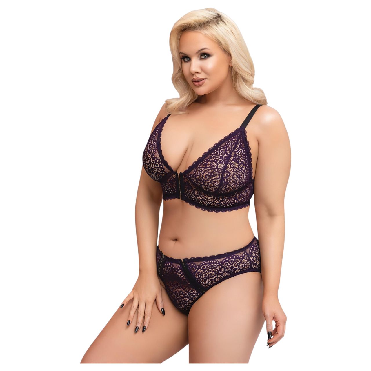 / Cottelli Plus Size - áttetsző mintás melltartó szett (lila)