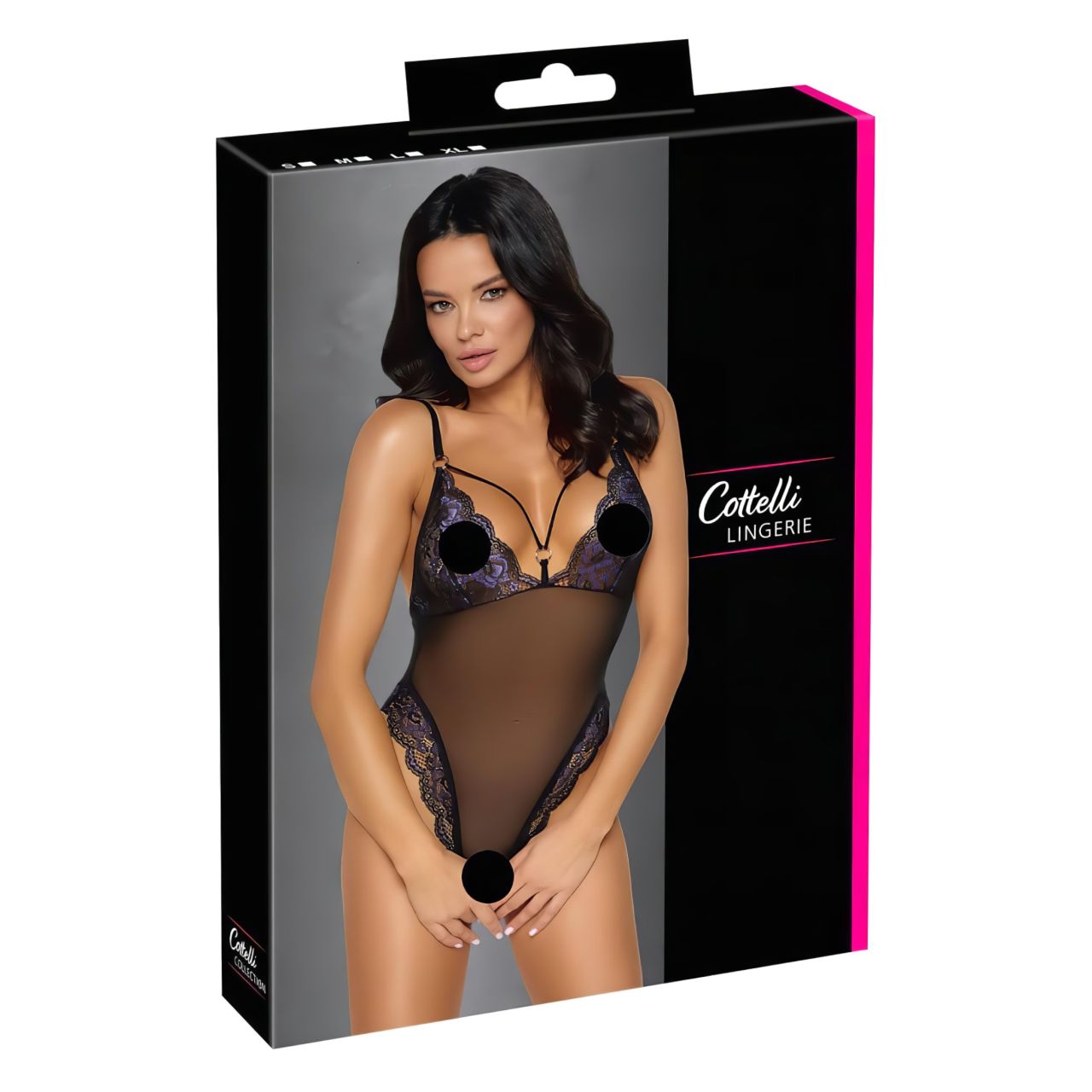 Cottelli - hímzett, nyitott csipke body (fekete-lila)