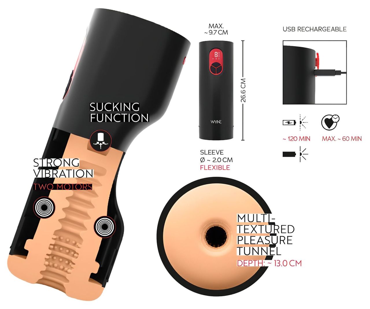 WYNE 07 - akkus, rezgő-szívó maszturbátor (fekete) WYNE 07 - akkus, rezgő-szívó maszturbátor (fekete)