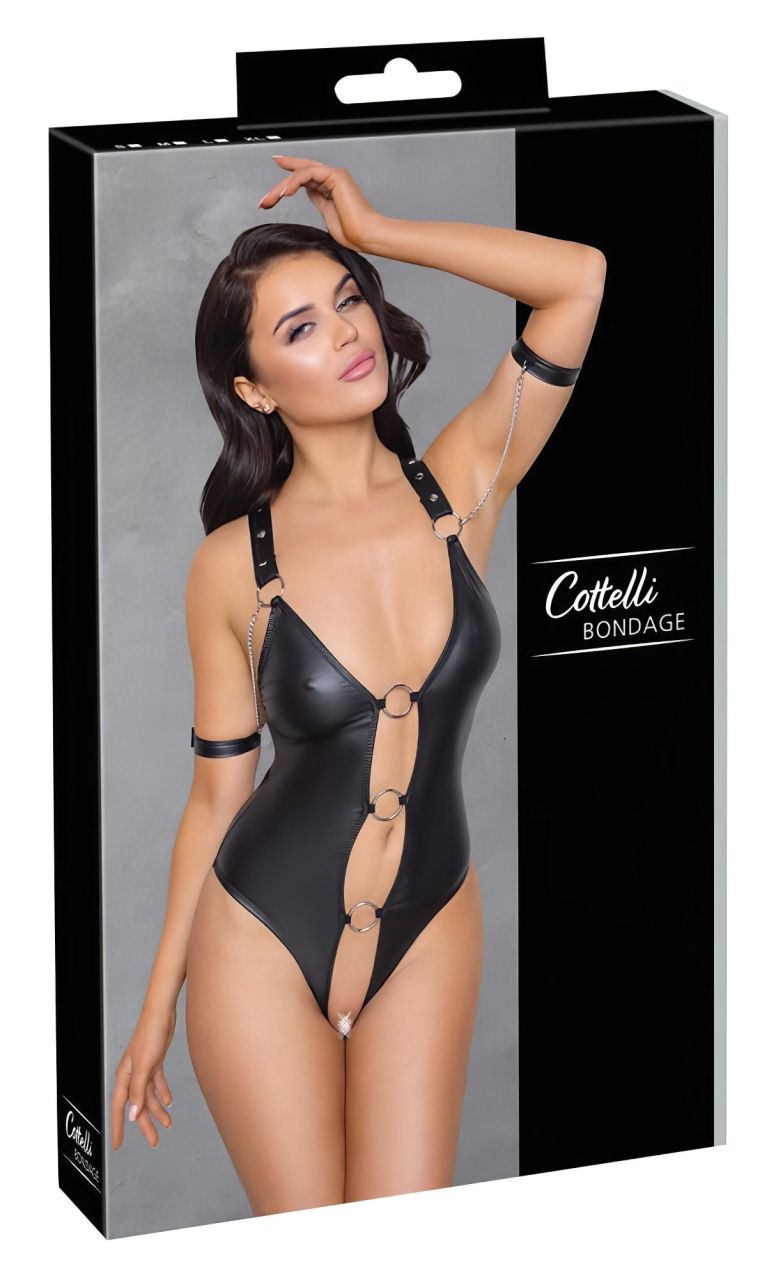 Cottelli Bondage - fényes, gyűrűs, nyitott body (fekete) Cottelli Bondage - fényes, gyűrűs, nyitott body (fekete)
