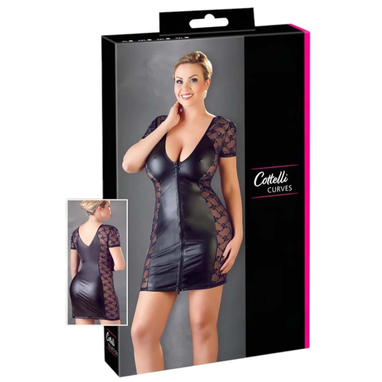 Cottelli Plus Size - masnis, csipkés kombinált ruha (fekete) Cottelli Plus Size - masnis, csipkés kombinált ruha (fekete)