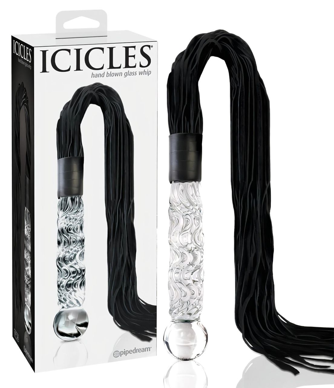 Icicles No. 38 - bőr korbács és üveg dildó (átlátszó-fekete)