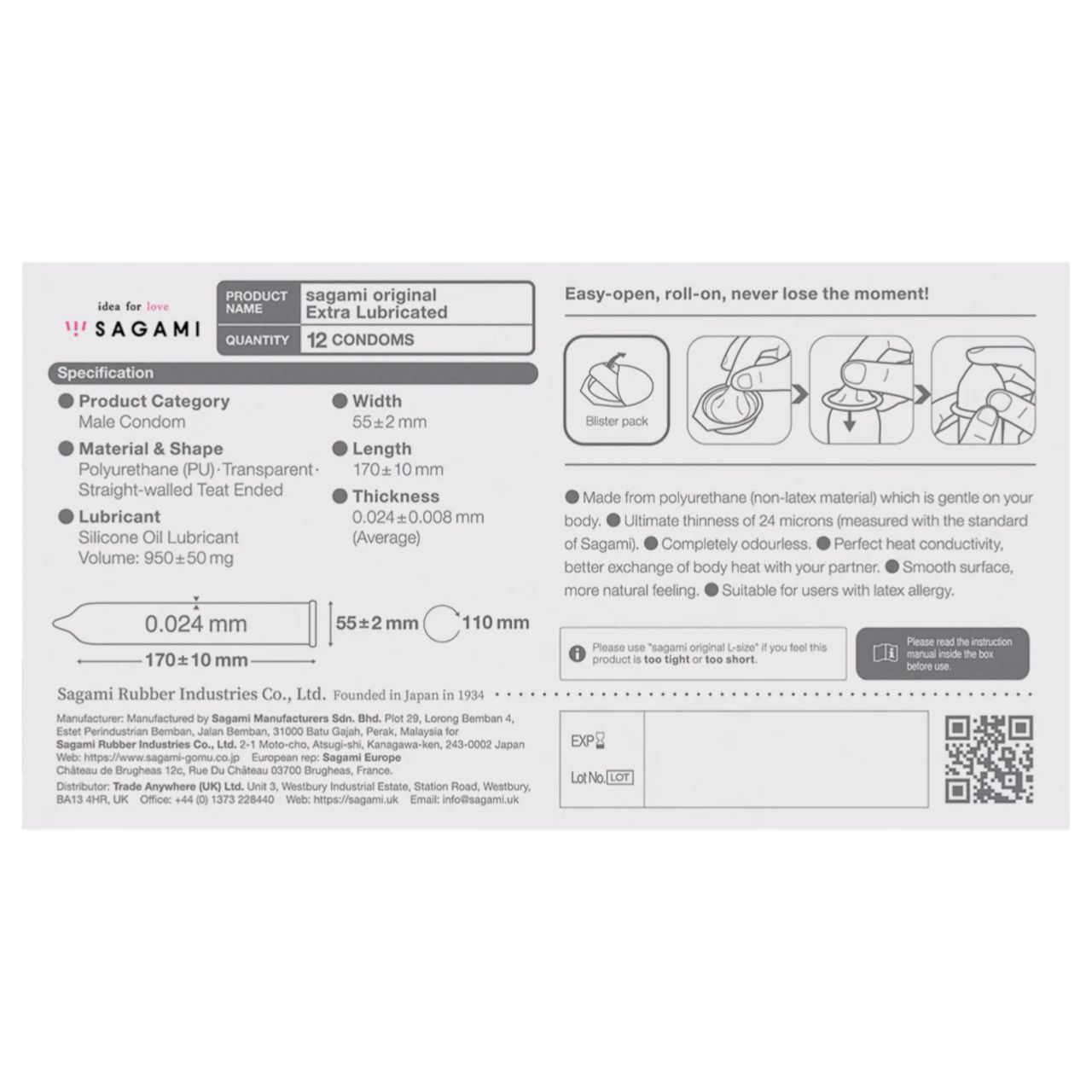 Sagami Original 0.02 - extra síkosított óvszer - 55mm (12db)