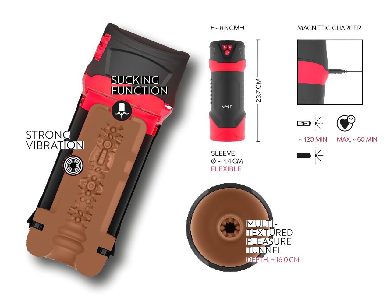 WYNE 01 - akkus, rezgő-szívó, melegítő maszturbátor (fekete)