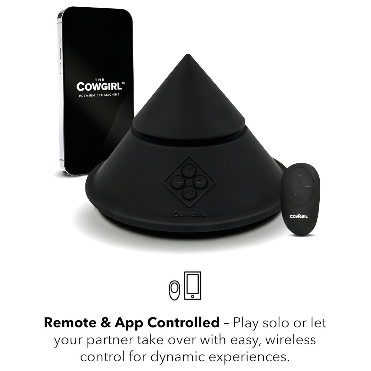 The Cowgirl Cone - app-vezérelt prémium szexgép - 2 cserélhető feltéttel, 20 rezgésmód (fekete)