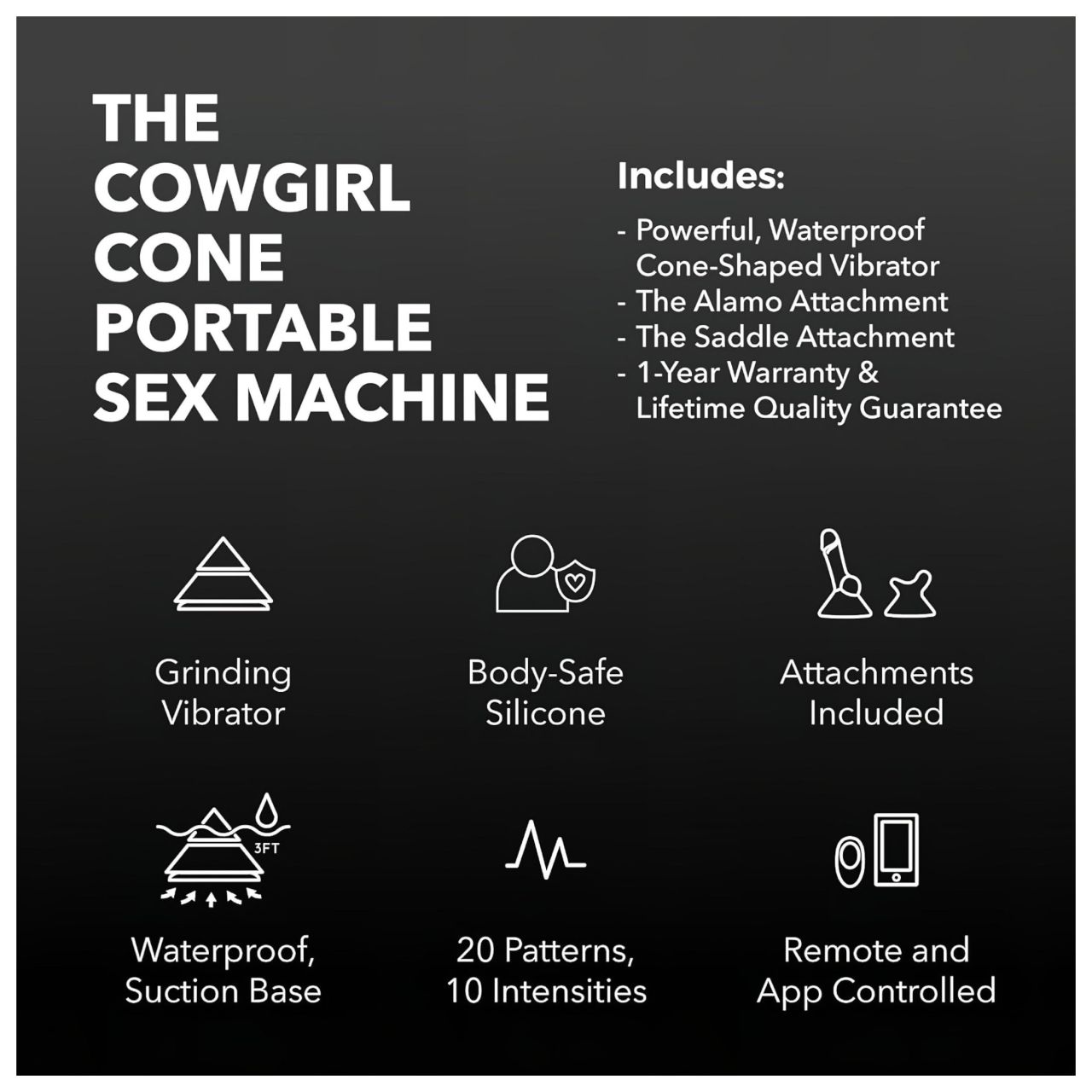 The Cowgirl Cone - app-vezérelt prémium szexgép - 2 cserélhető feltéttel, 20 rezgésmód (fekete)