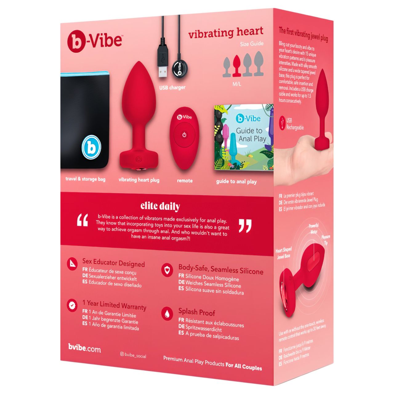 / b-Vibe heart - akkus, rádiós anál vibrátor (piros)