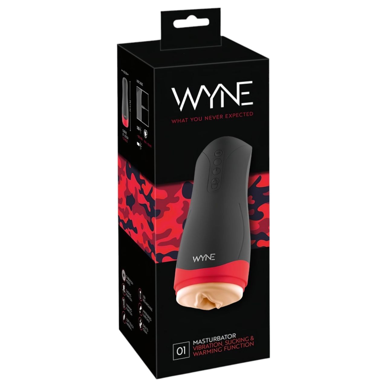 WYNE 01 - akkus, rezgő-szívó, melegítő maszturbátor (fekete)