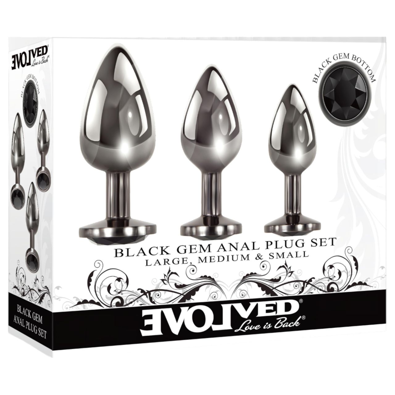 Evolved Black Gem - fém anál plug szett, fekete kővel (ezüst)