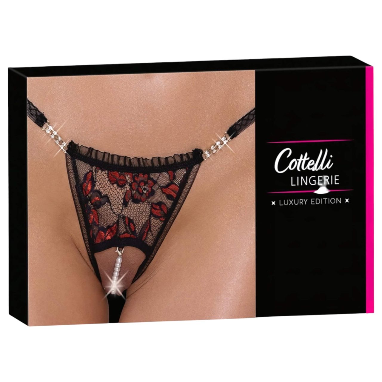 Cottelli - luxus, rózsás gyöngyös tanga (fekete)