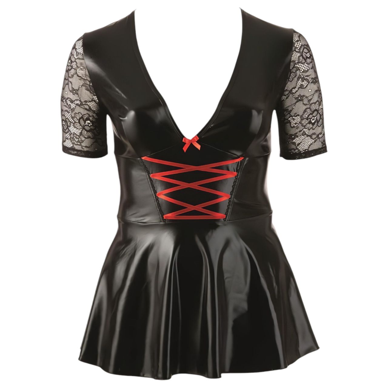 Cottelli Plus Size - fényes ruha piros fűzővel (fekete) Cottelli Plus Size - fényes ruha piros fűzővel (fekete)