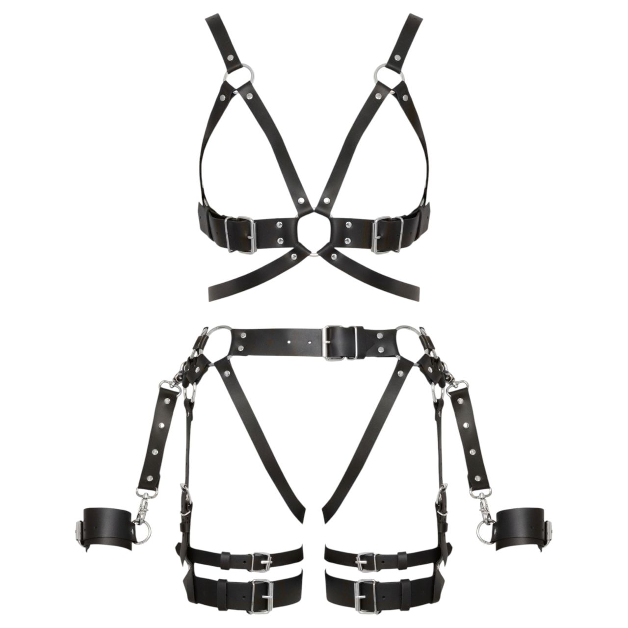 ZADO - többrészes bőr harness szett bilinccsel - fekete (S-M)