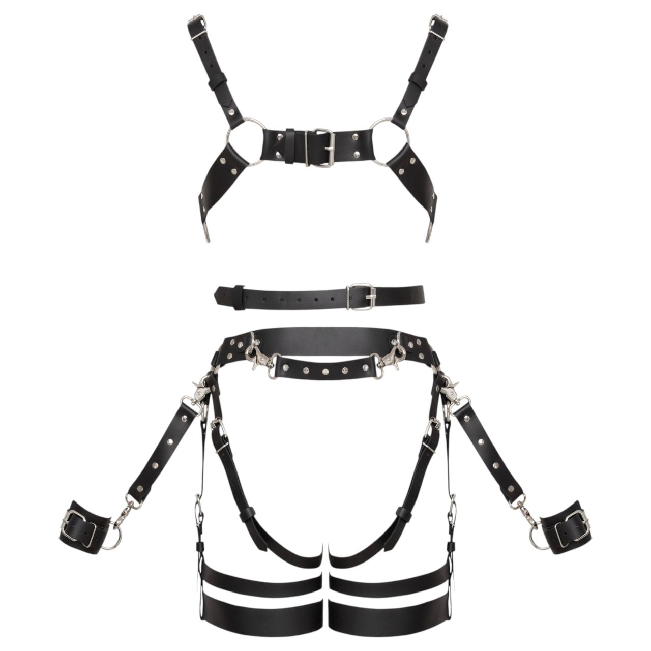 ZADO - többrészes bőr harness szett bilinccsel - fekete (S-M)