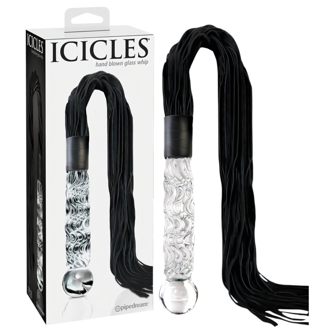 Icicles No. 38 - bőr korbács és üveg dildó (átlátszó-fekete)