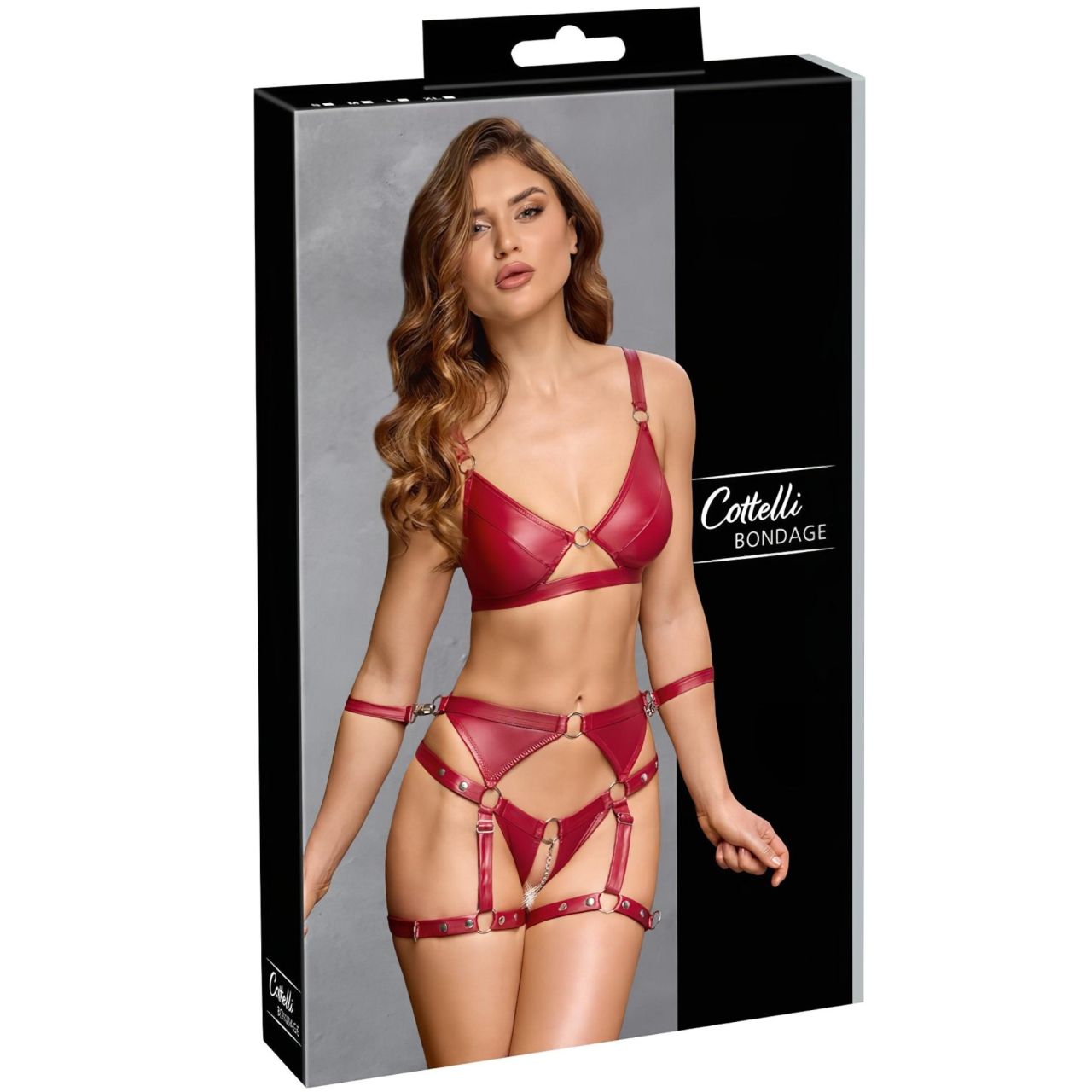 Cottelli Bondage - fényes melltartó szett és kar bilincs (piros)