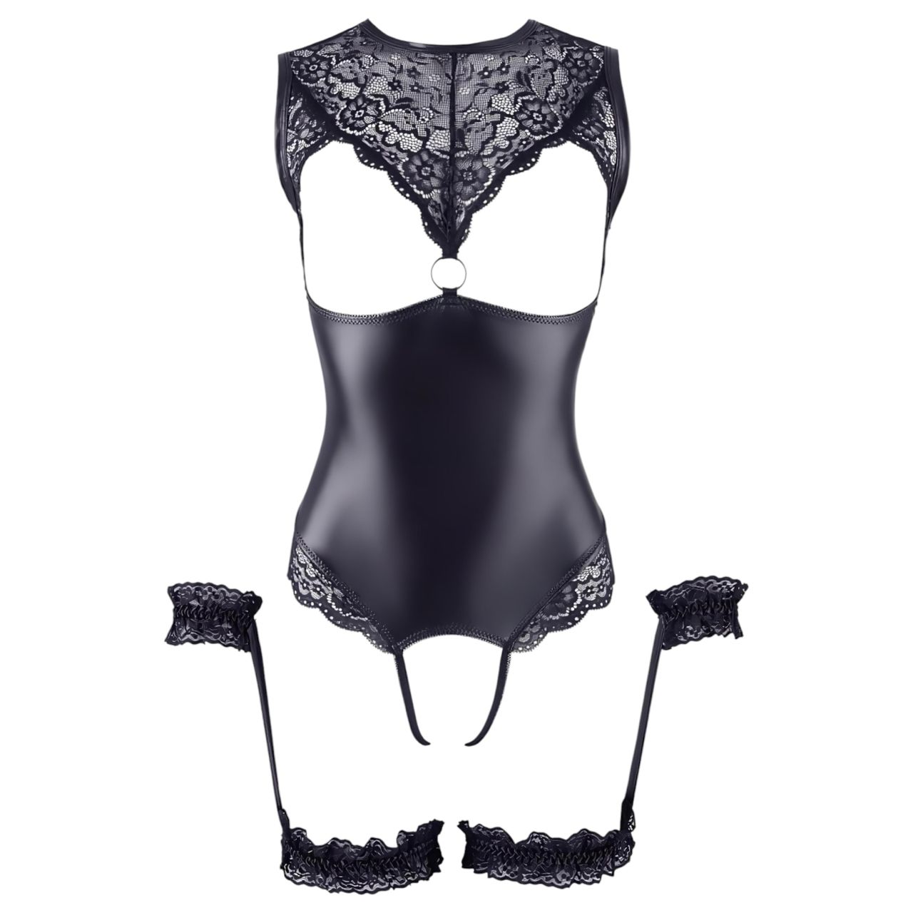 Cottelli Bondage - fényes nyitott body és kar bilincs (fekete) Cottelli Bondage - fényes nyitott body és kar bilincs (fekete)