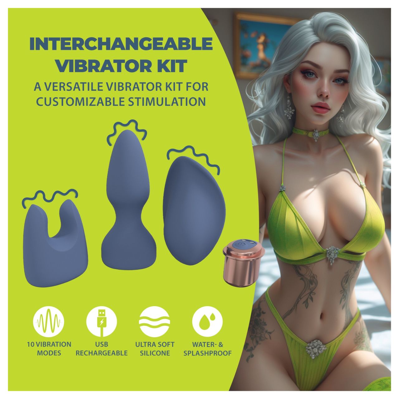 Loveline - cserélhető fejes vibrátor szett (kék-szürke) Loveline - cserélhető fejes vibrátor szett (kék-szürke)