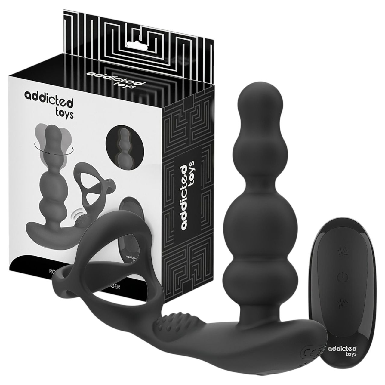 Addicted Toys - forgó fejes análvibrátor péniszgyűrűvel (fekete) Addicted Toys - forgó fejes análvibrátor péniszgyűrűvel (fekete)